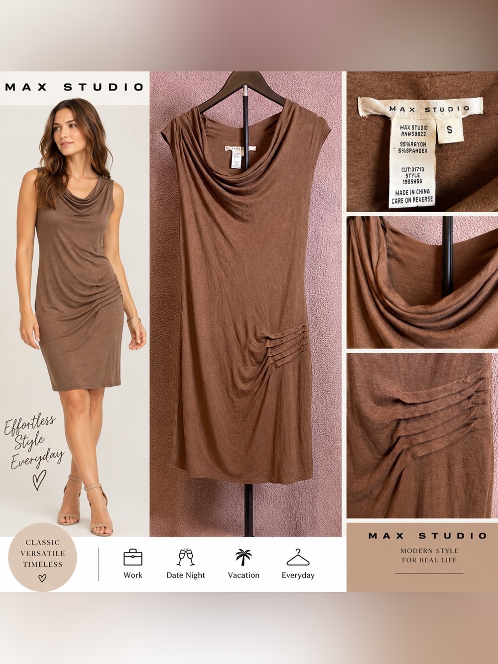 Max Studio Brown Cowl Neck Ruched Midi Dress Size Small Sleeveless Stretch